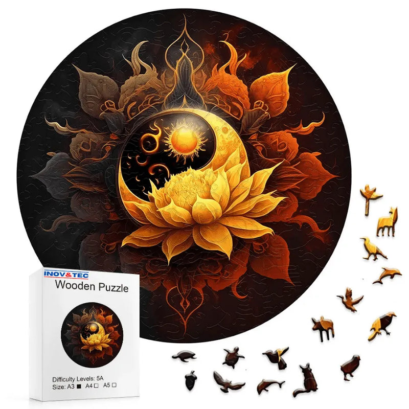 Quebra-Cabeça De Madeira Inova WOOD PUZZLE - Lua e Flor de Lótus | Diversão Com Diversos Benefícios Para Crianças e Idosos