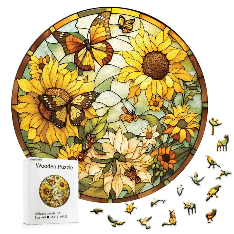Quebra-Cabeça de Madeira Inova WOOD PUZZLE - Borboleta e Girassóis | Diversão com Diversos Benefícios
