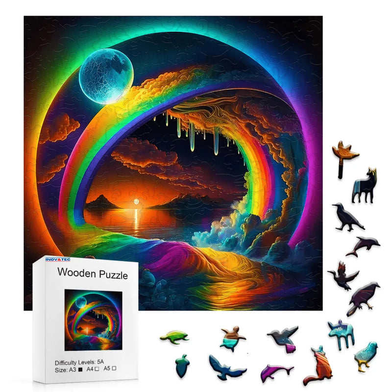 Quebra-Cabeça de Madeira Inova WOOD PUZZLE - Arco-íris no Horizonte | Diversão com Diversos Benefícios