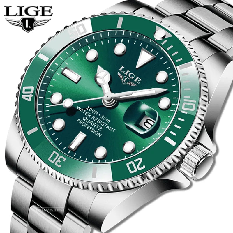 Relógio Masculino LIGE "Quartz Date" - Aço Inoxidável, Movimento de Quartzo, Data, Catraca Funcional, Vidro de Cristal e À Prova D'água 30 Metros