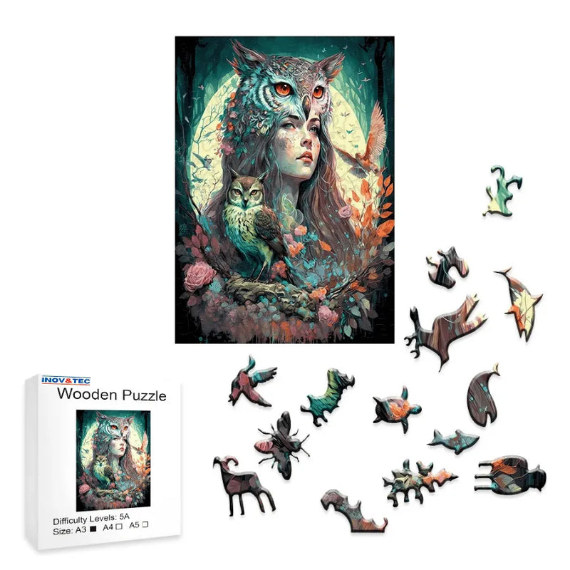 Quebra-Cabeça De Madeira Inova WOOD PUZZLE - Mãe Natureza Com Corujas | Diversão Com Diversos Benefícios Para Crianças e Idosos