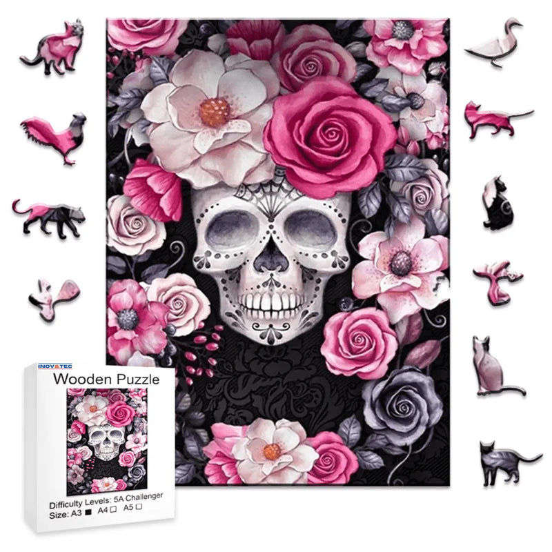 Quebra-Cabeça de Madeira Inova WOOD PUZZLE - Caveira Floral Rosa | Diversão com Diversos Benefícios para Crianças e Idosos