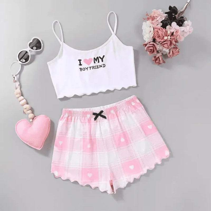 Pijama Feminino I Love My Boyfriend - Conjunto Top Cropped e Shorts Fresquinho LooseFit | Tecido Super Macio e Confortável
