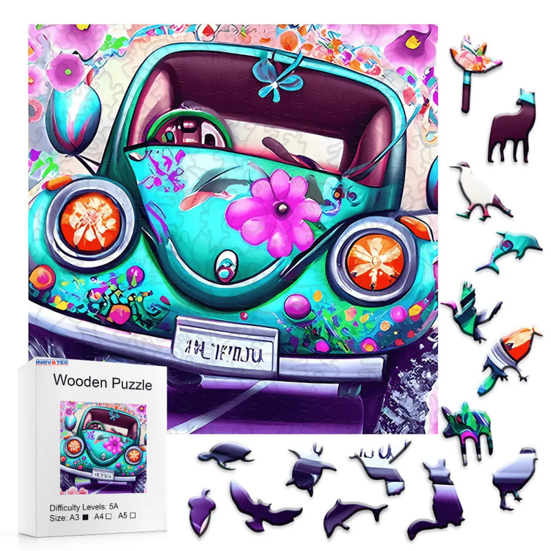 Quebra-Cabeça de Madeira Inova WOOD PUZZLE - Fusca Roots Florido | Diversão com Diversos Benefícios para Crianças e Idosos