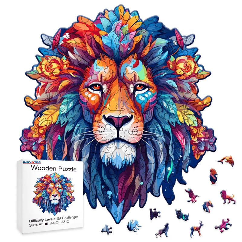 Quebra-Cabeça de Madeira Inova WOOD PUZZLE - Leão Aquarela | Diversão com Diversos Benefícios para Crianças e Idosos