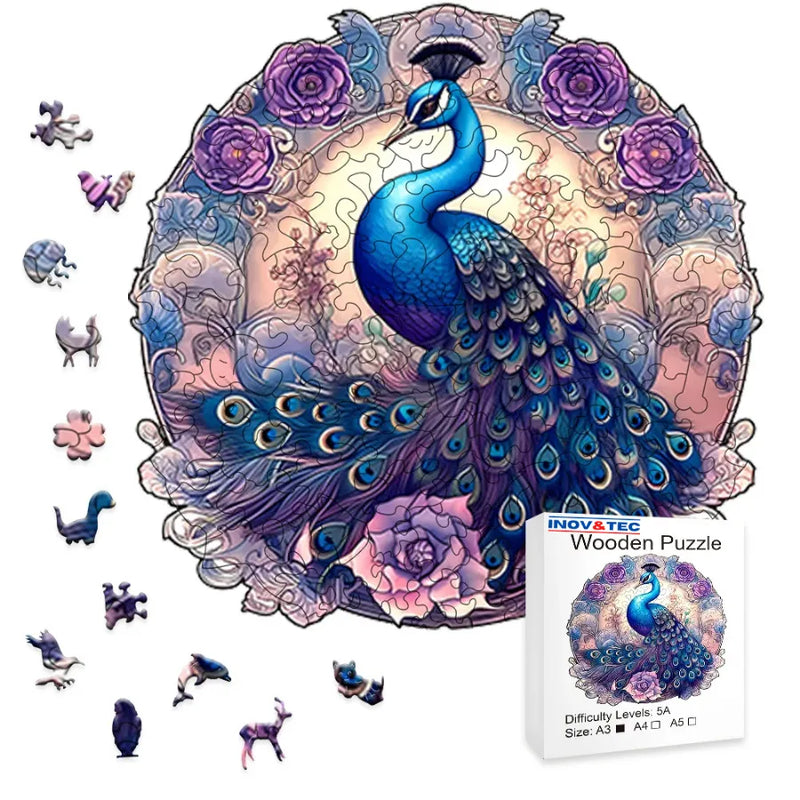 Quebra-Cabeça De Madeira Inova WOOD PUZZLE - Pavão Azul Florido | Diversão Com Diversos Benefícios Para Crianças e Idosos