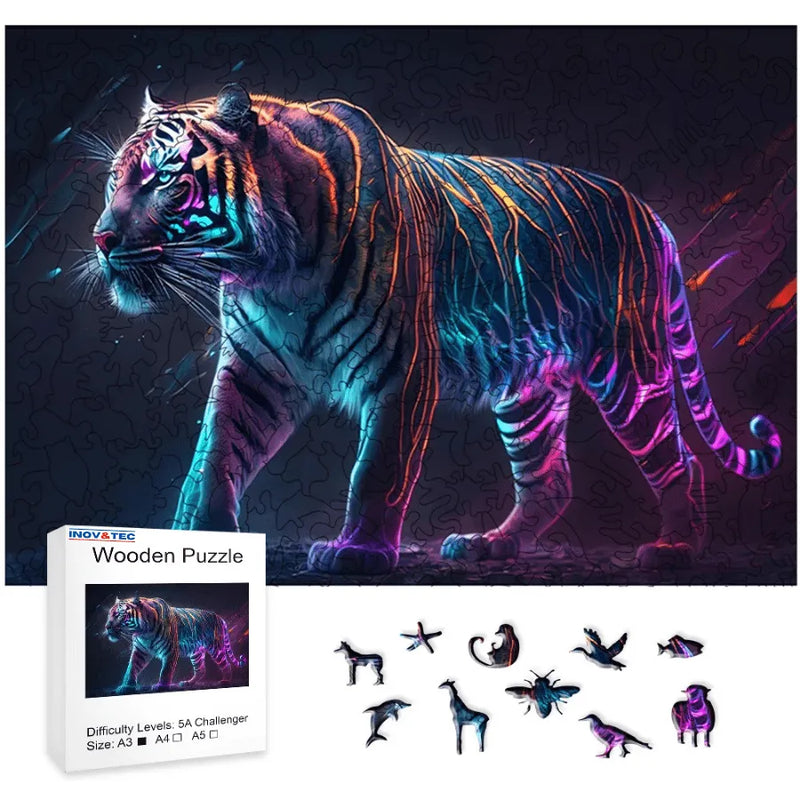 Quebra-Cabeça De Madeira Inova WOOD PUZZLE - Tigre Artístico | Diversão Com Diversos Benefícios Para Crianças e Idosos