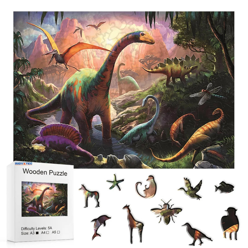 Quebra-Cabeça de Madeira Inova WOOD PUZZLE - Mundo Dinossauros | Diversão com Diversos Benefícios