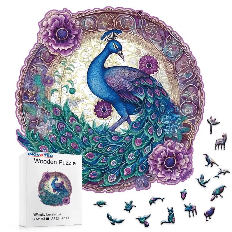 Quebra-Cabeça De Madeira Inova WOOD PUZZLE - Pavão com Rosas | Diversão Com Diversos Benefícios