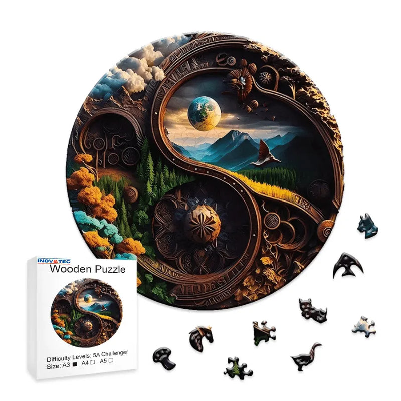 Quebra-Cabeça De Madeira Inova WOOD PUZZLE - Yin Yang Natureza | Diversão Com Diversos Benefícios Para Crianças e Idosos