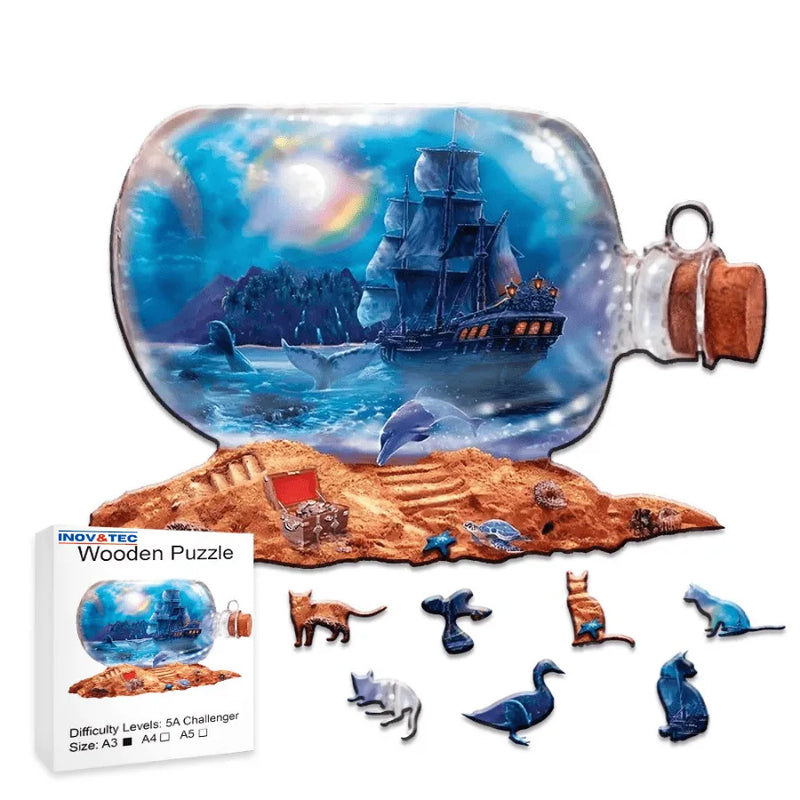 Quebra-Cabeça De Madeira Inova WOOD PUZZLE - Navio Pirata Dentro Da Garrafa | Diversão Com Diversos Benefícios Para Crianças e Idosos
