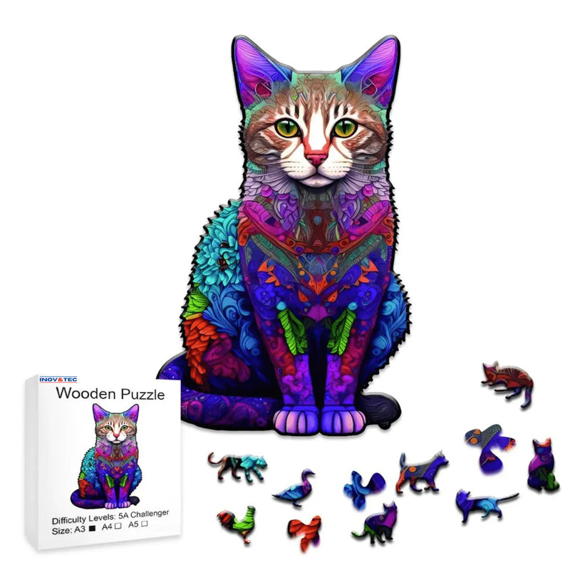 Quebra-Cabeça de Madeira Inova WOOD PUZZLE - Gato Psicodélico | Diversão com Diversos Benefícios para Crianças e Idosos