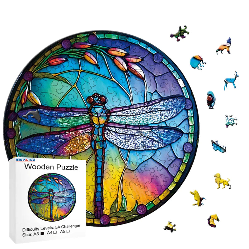 Quebra-Cabeça de Madeira Inova WOOD PUZZLE - Libélula em Vitral | Diversão com Diversos Benefícios para Crianças e Idosos