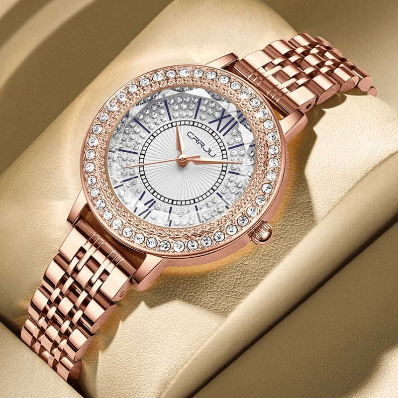 Relógio Feminino CRRJU CRISTAL DIAMOND - Vidro Lapidado, Cravejado Com Cristais de Zircônia, Movimento de Quartzo, Resistente à Água 30M