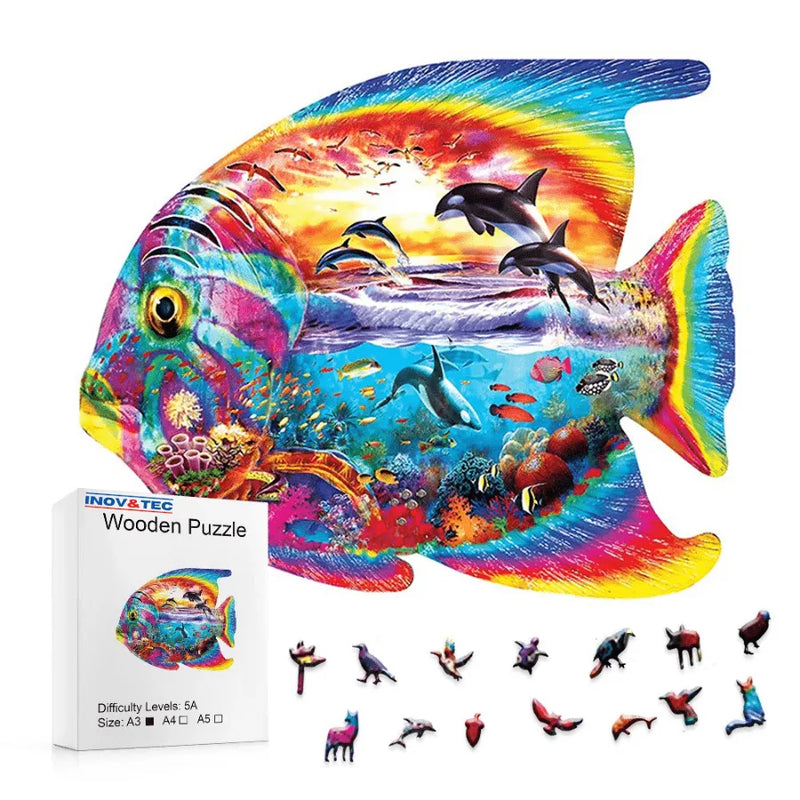 Quebra-Cabeça De Madeira Inova WOOD PUZZLE - Peixe Transparente Com Orcas | Diversão Com Diversos Benefícios Para Crianças e Idosos