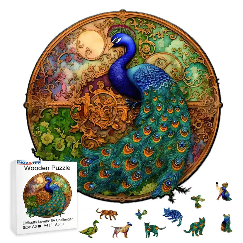Quebra-Cabeça De Madeira Inova WOOD PUZZLE - Pavão Rei | Diversão Com Diversos Benefícios Para Crianças e Idosos