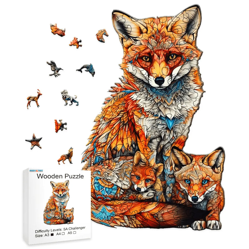 Quebra-Cabeça de Madeira Inova WOOD PUZZLE - Raposa e Filhotes | Diversão com Diversos Benefícios para Crianças e Idosos