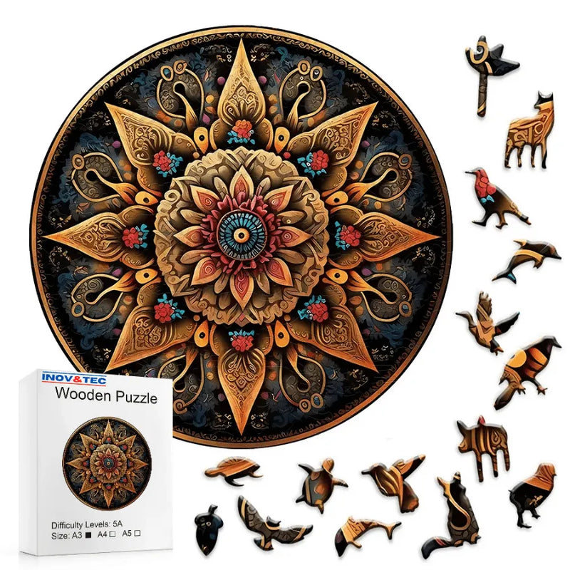 Quebra-Cabeça De Madeira Inova WOOD PUZZLE - Mandala De Flores | Diversão Com Diversos Benefícios Para Crianças e Idosos