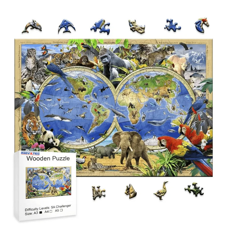 Quebra-Cabeça De Madeira Inova WOOD PUZZLE - Globo Selvagem | Diversão Com Diversos Benefícios Para Crianças e Idosos