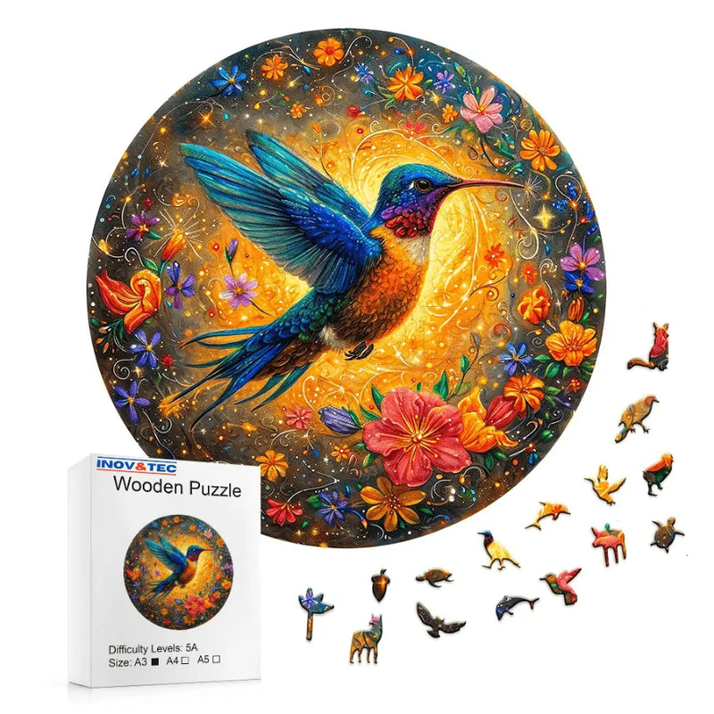 Quebra-Cabeça De Madeira Inova WOOD PUZZLE - Beija-Flor Iluminado Com Flores | Diversão Com Diversos Benefícios Para Crianças e Idosos