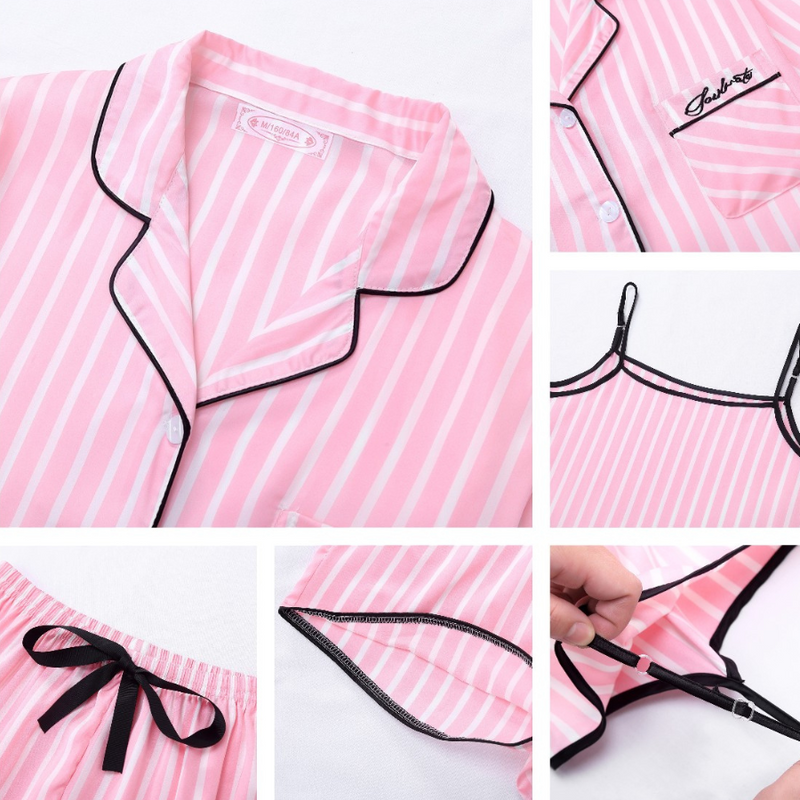 Conjunto 4 Peças Pijama Feminino Serenity Divine - Camisa Manga Longa, Calça, Camisa Regata, Shorts Em Seda Gelo Cetim | Toque De Seda Confortável + Bolsinha, Laço e Máscara de dormir de Brinde
