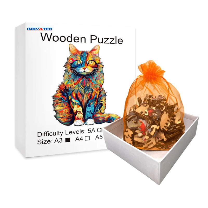 Quebra-Cabeça de Madeira Inova WOOD PUZZLE - Gato Aquarela | Diversão com Diversos Benefícios para Crianças e Idosos