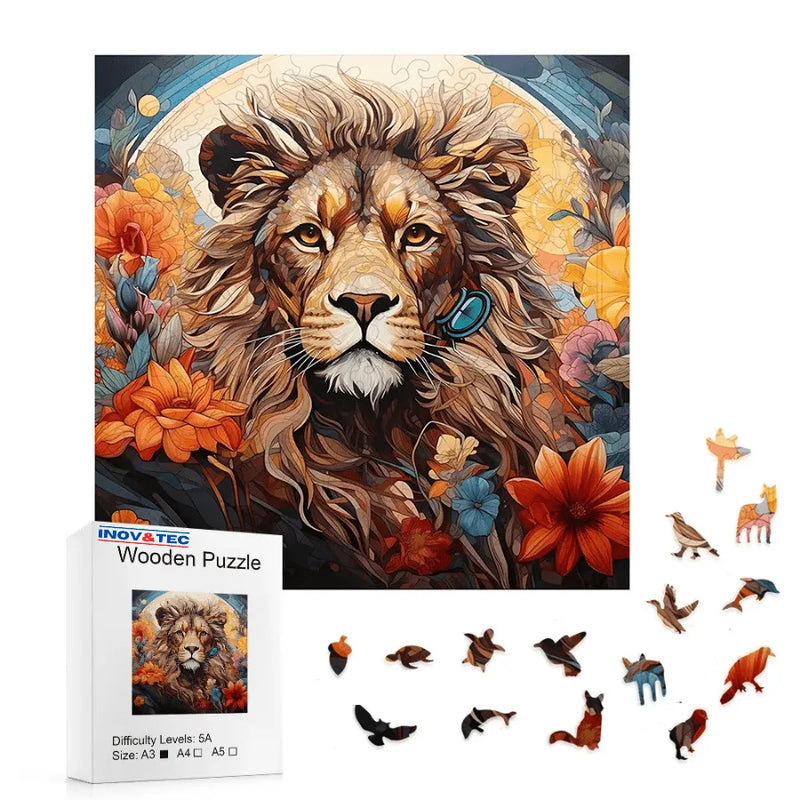 Quebra-Cabeça De Madeira Inova WOOD PUZZLE - Leão Florido | Diversão Com Diversos Benefícios Para Crianças e Idosos