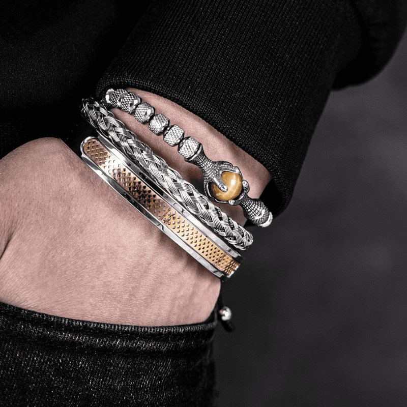 Kit de 3 Pulseiras Masculinas Premium Ajustáveis com Pedra Natural OLHO de TIGRE