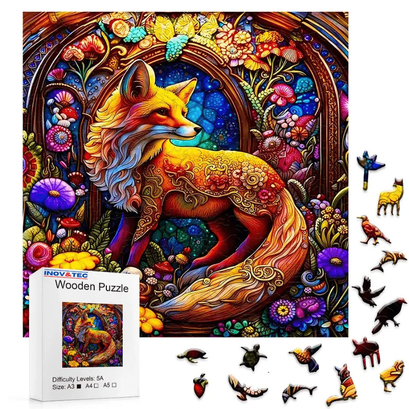 Quebra-Cabeça De Madeira Inova WOOD PUZZLE - Raposa em Vitral | Diversão Com Diversos Benefícios