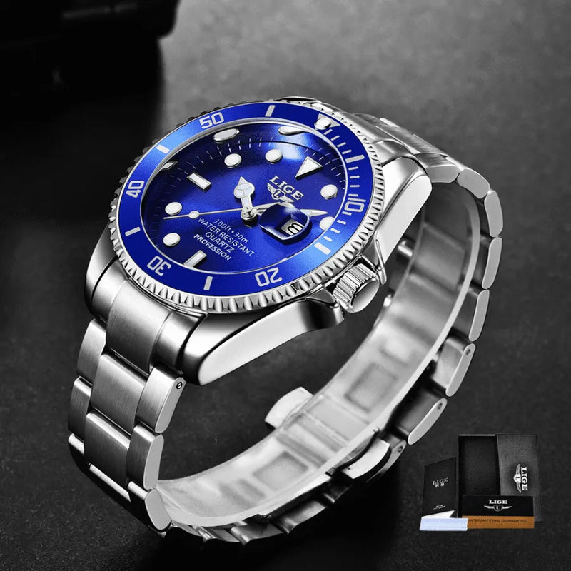 Relógio Masculino LIGE "Quartz Date" - Aço Inoxidável, Movimento de Quartzo, Data, Catraca Funcional, Vidro de Cristal e À Prova D'água 30 Metros