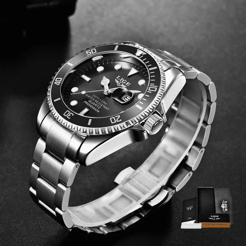 Relógio Masculino LIGE "Quartz Date" - Aço Inoxidável, Movimento de Quartzo, Data, Catraca Funcional, Vidro de Cristal e À Prova D'água 30 Metros