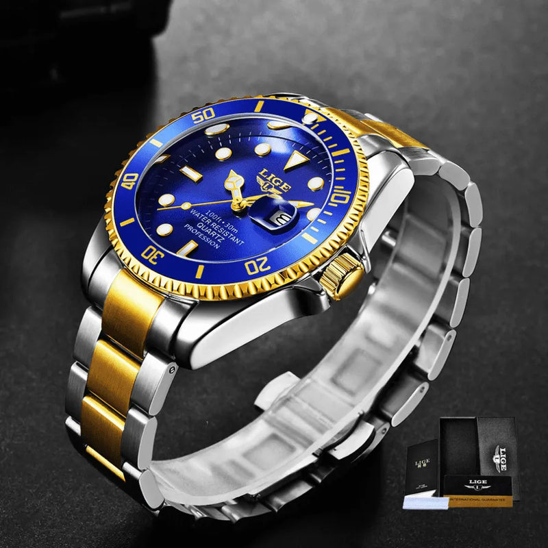 Relógio Masculino LIGE "Quartz Date" - Aço Inoxidável, Movimento de Quartzo, Data, Catraca Funcional, Vidro de Cristal e À Prova D'água 30 Metros