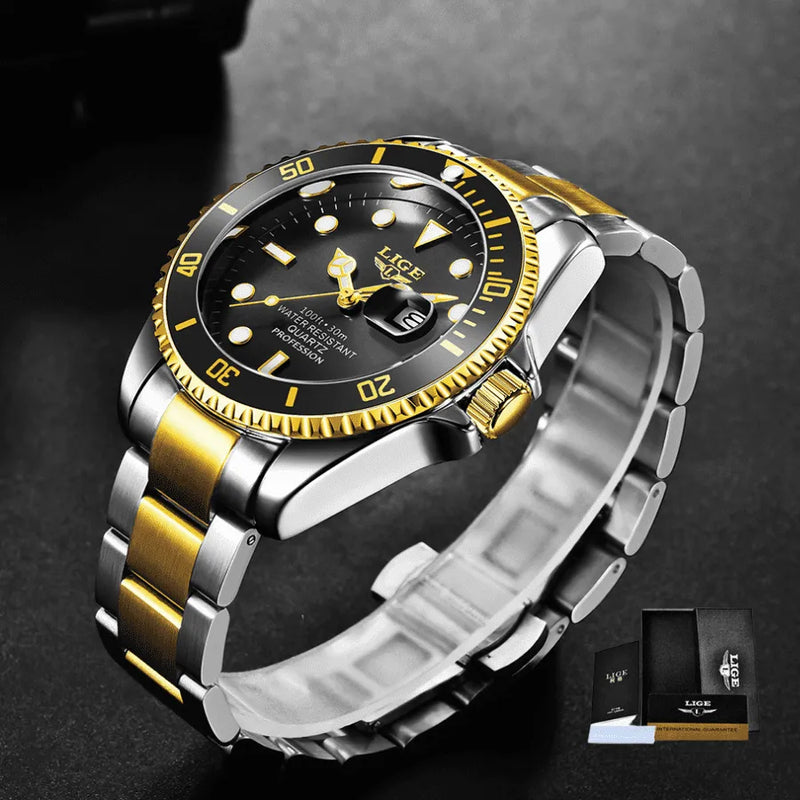Relógio Masculino LIGE "Quartz Date" - Aço Inoxidável, Movimento de Quartzo, Data, Catraca Funcional, Vidro de Cristal e À Prova D'água 30 Metros