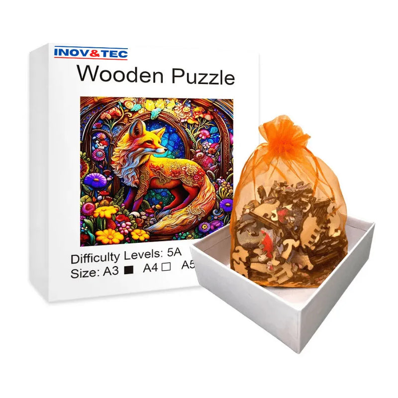 Quebra-Cabeça De Madeira Inova WOOD PUZZLE - Raposa em Vitral | Diversão Com Diversos Benefícios