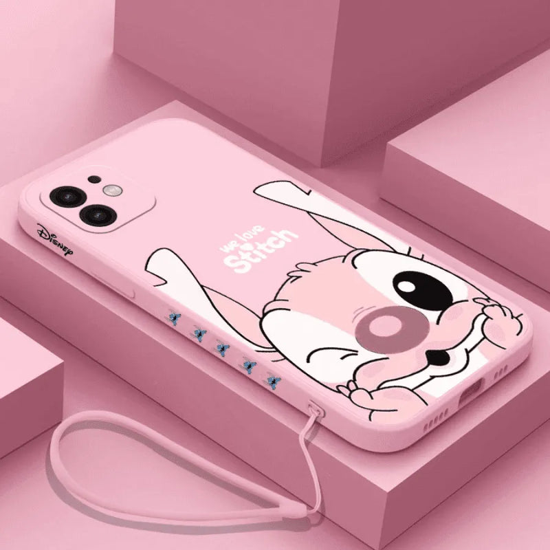 Capinha de Celular para Iphone em Silicone com Cordão de Pulso Beijo do Stitch