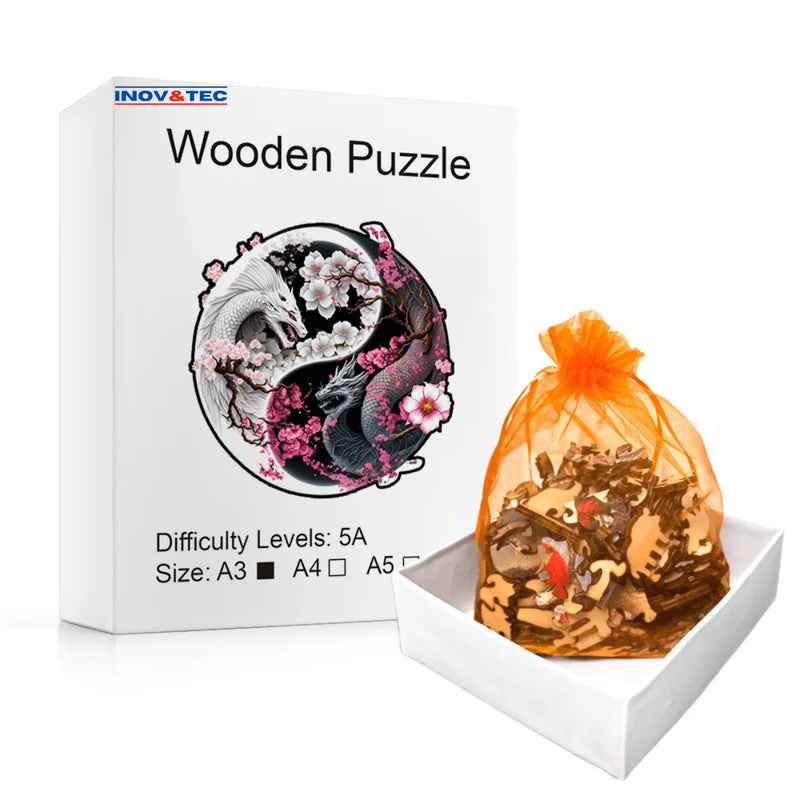 Quebra-Cabeça de Madeira Inova WOOD PUZZLE - Yin Yang Dracônico | Diversão com Diversos Benefícios para Crianças e Idosos