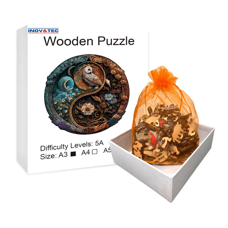 Quebra-Cabeça de Madeira Inova WOOD PUZZLE - Corujas Yin-Yang | Diversão com Diversos Benefícios