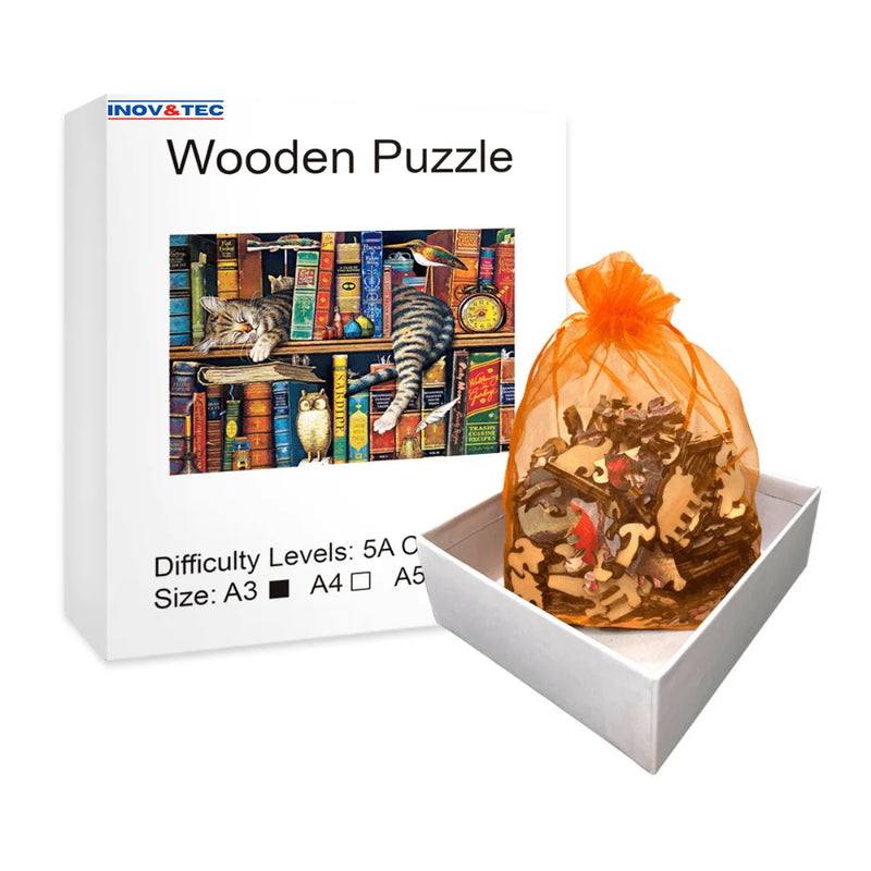 Quebra-Cabeça de Madeira Inova WOOD PUZZLE - Gato e Livros  | Diversão com Diversos Benefícios