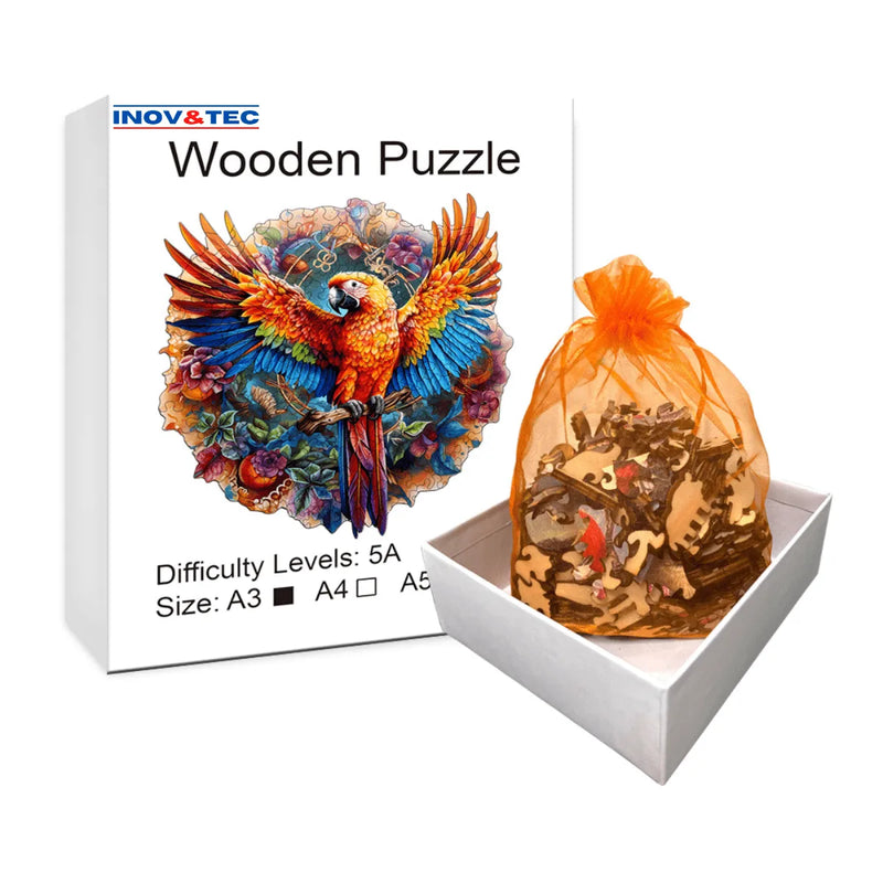 Quebra-Cabeça de Madeira Inova WOOD PUZZLE - Arara Vermelha | Diversão com Diversos Benefícios para Crianças e Idosos