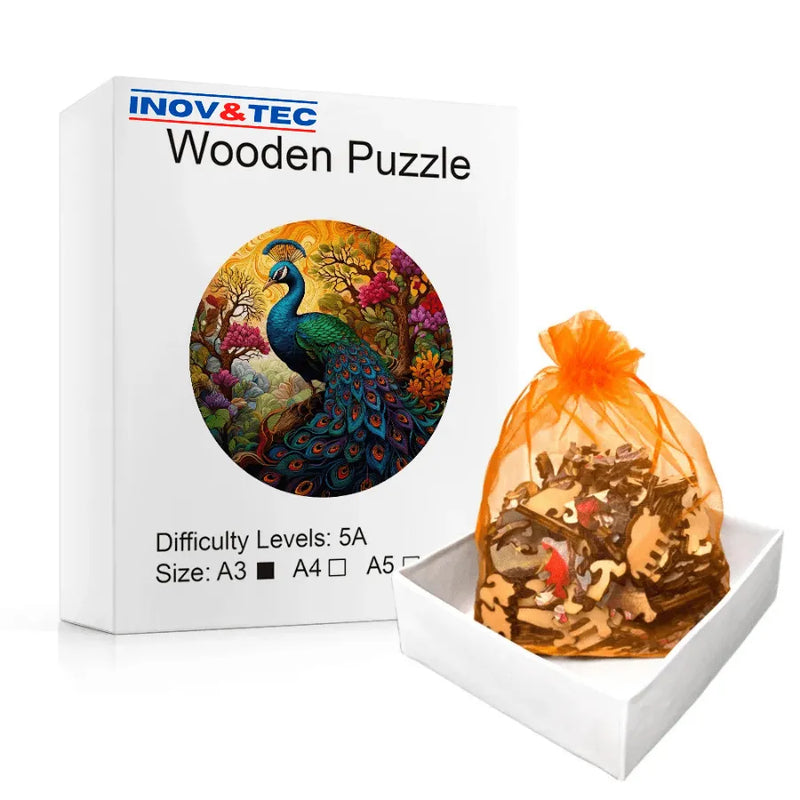 Quebra-Cabeça De Madeira Inova WOOD PUZZLE - Pavão Rei Na Floresta Encantada | Diversão Com Diversos Benefícios Para Crianças e Idosos