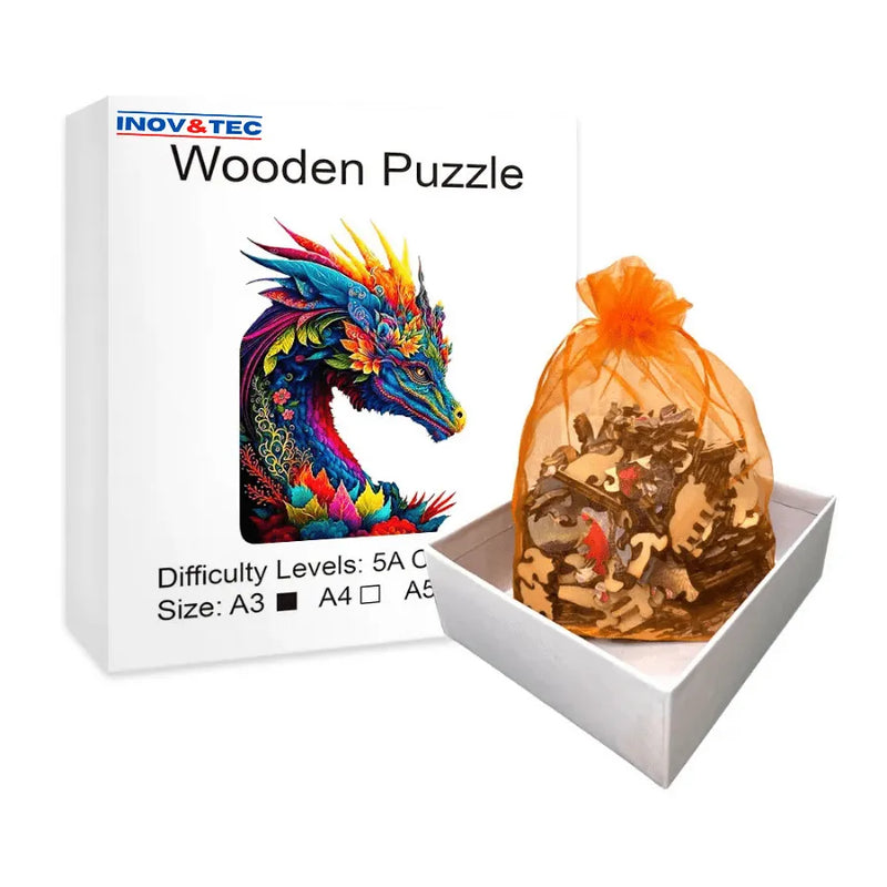 Quebra-Cabeça De Madeira Inova WOOD PUZZLE - Dragão Colorido | Diversão Com Diversos Benefícios Para Crianças e Idosos