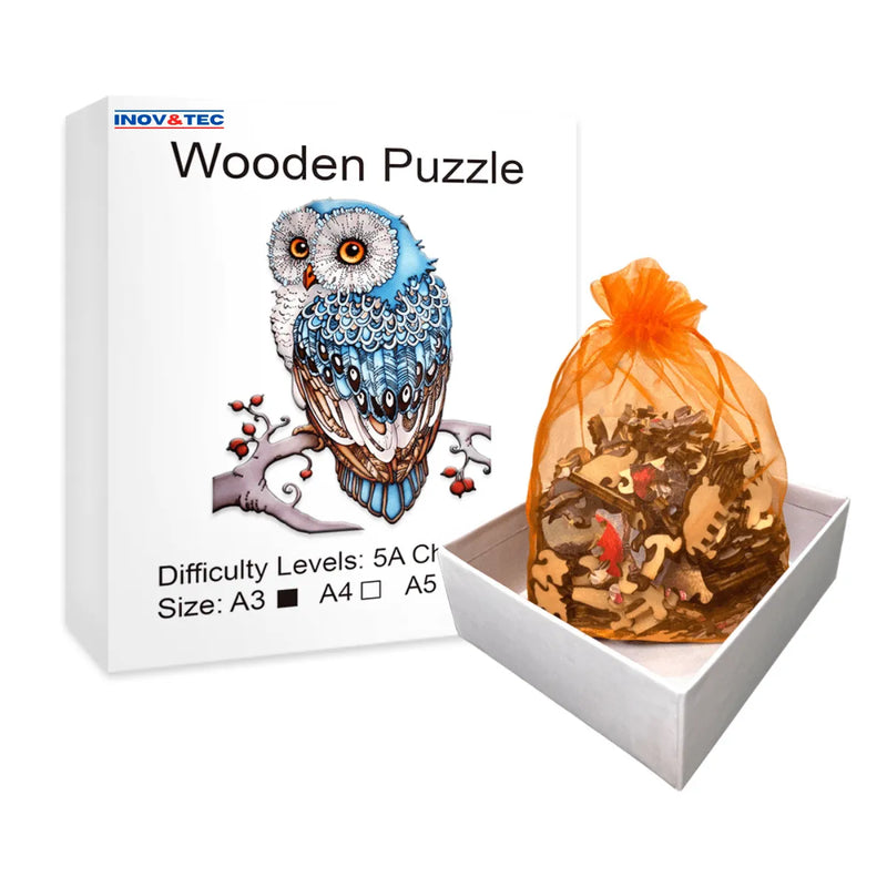 Quebra-Cabeça de Madeira Inova WOOD PUZZLE - Coruja Azul Celeste | Diversão com Diversos Benefícios para Crianças e Idosos