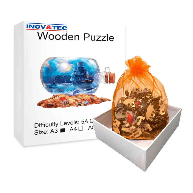 Quebra-Cabeça De Madeira Inova WOOD PUZZLE - Navio Pirata Dentro Da Garrafa | Diversão Com Diversos Benefícios Para Crianças e Idosos
