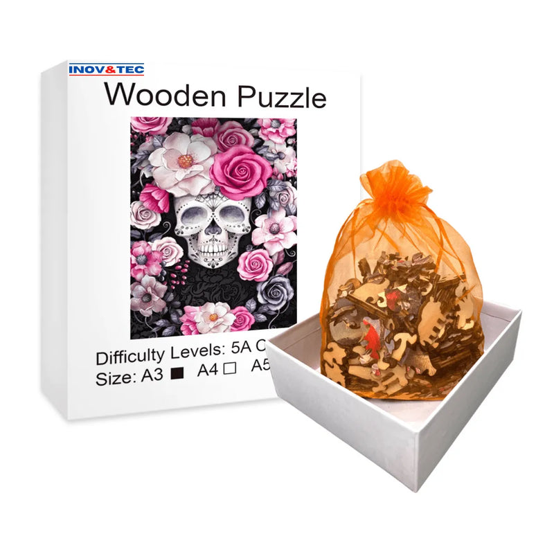 Quebra-Cabeça de Madeira Inova WOOD PUZZLE - Caveira Floral Rosa | Diversão com Diversos Benefícios para Crianças e Idosos