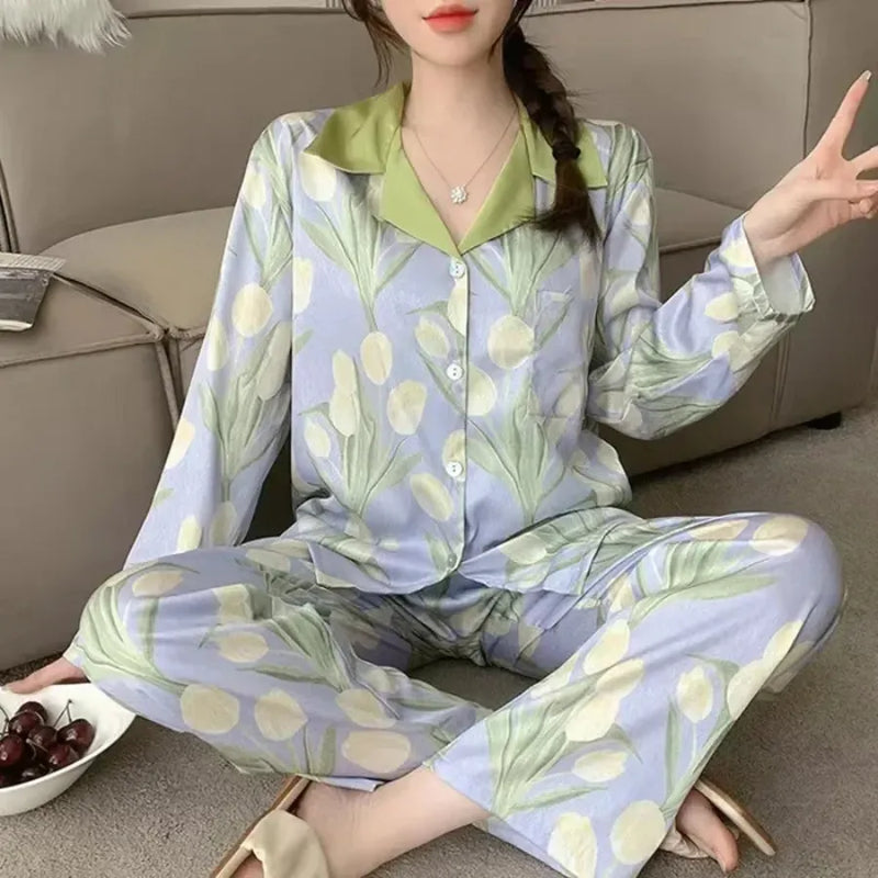 Pijama Feminino Primavera - Conjunto Calça e Camisa Longa Em Seda Gelo Premium | Toque De Seda Super Confortável