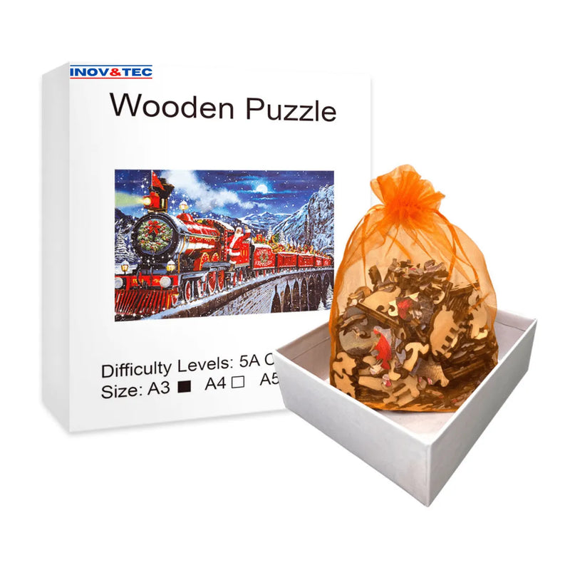 Quebra-Cabeça de Madeira Inova WOOD PUZZLE - Trem Natalino | Diversão com Diversos Benefícios para Crianças e Idosos