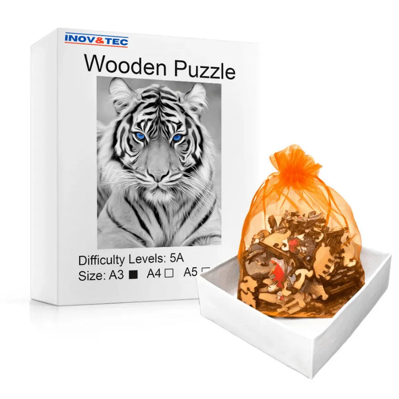 Quebra-Cabeça De Madeira Inova WOOD PUZZLE - Tigre Branco | Diversão Com Diversos Benefícios