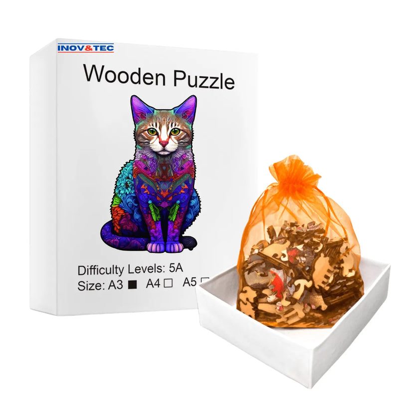Quebra-Cabeça de Madeira Inova WOOD PUZZLE - Gato Psicodélico | Diversão com Diversos Benefícios para Crianças e Idosos