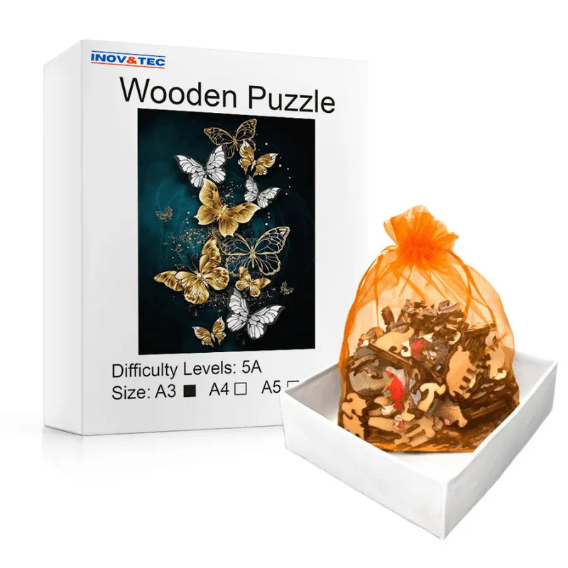 Quebra-Cabeça De Madeira Inova WOOD PUZZLE - Borboletas Douradas | Diversão Com Diversos Benefícios Para Crianças e Idosos