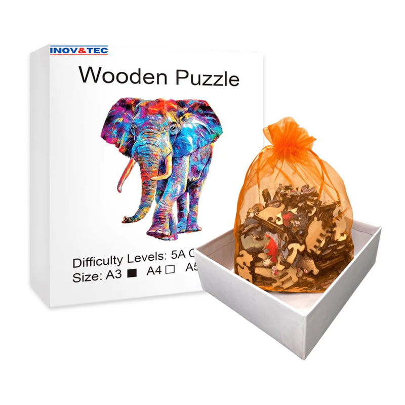 Quebra-Cabeça de Madeira Inova WOOD PUZZLE - Elefante Aquarela | Diversão com Diversos Benefícios para Crianças e Idosos